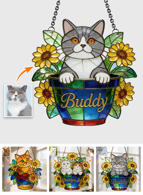 Cute Pets And Flowers - Personalized Cat Window Hanging Suncatcher Ornament