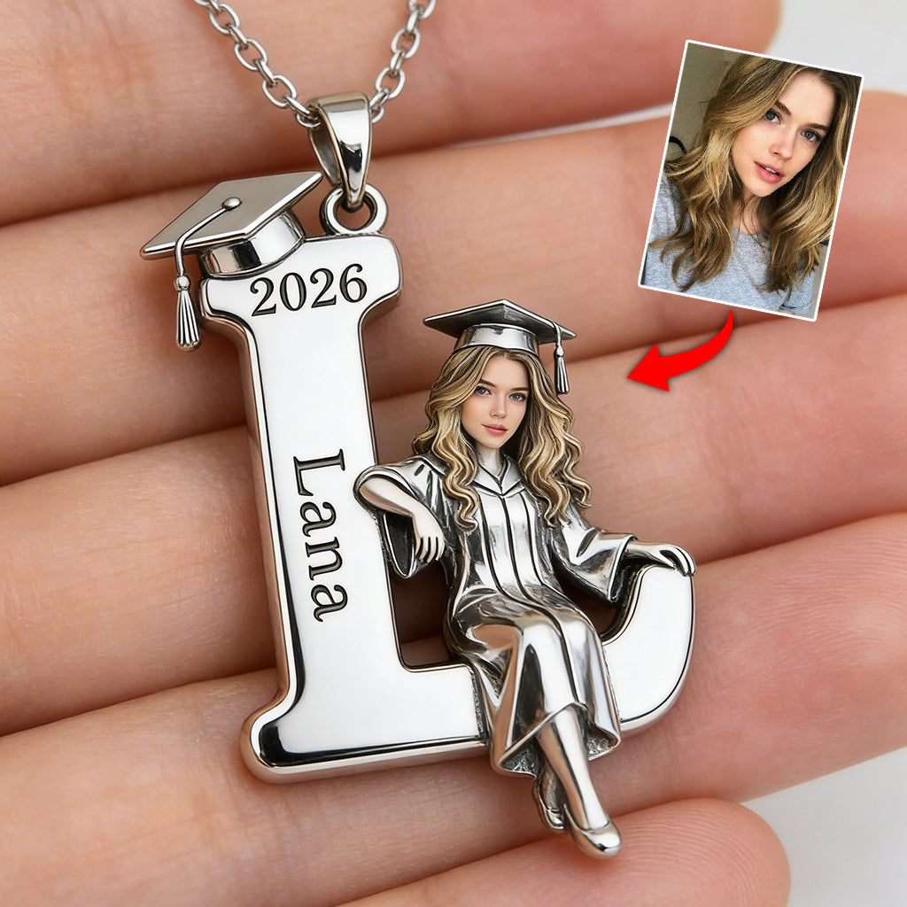 Graduation 2026 Custom Photo With Initials - Personalized Graduation Shaped Metal Pendant Necklace