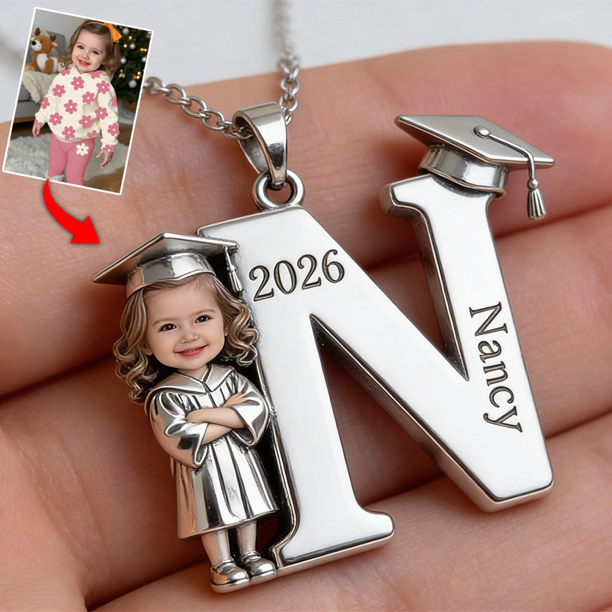 Graduation 2026 Custom Photo With Initials - Personalized Graduation Shaped Metal Pendant Necklace