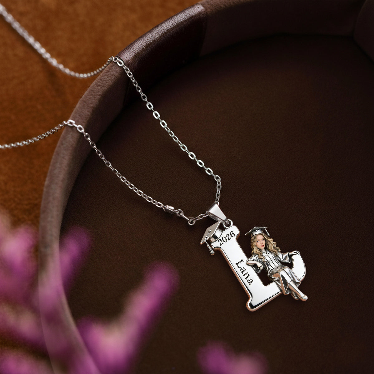 Graduation 2026 Custom Photo With Initials - Personalized Graduation Shaped Metal Pendant Necklace