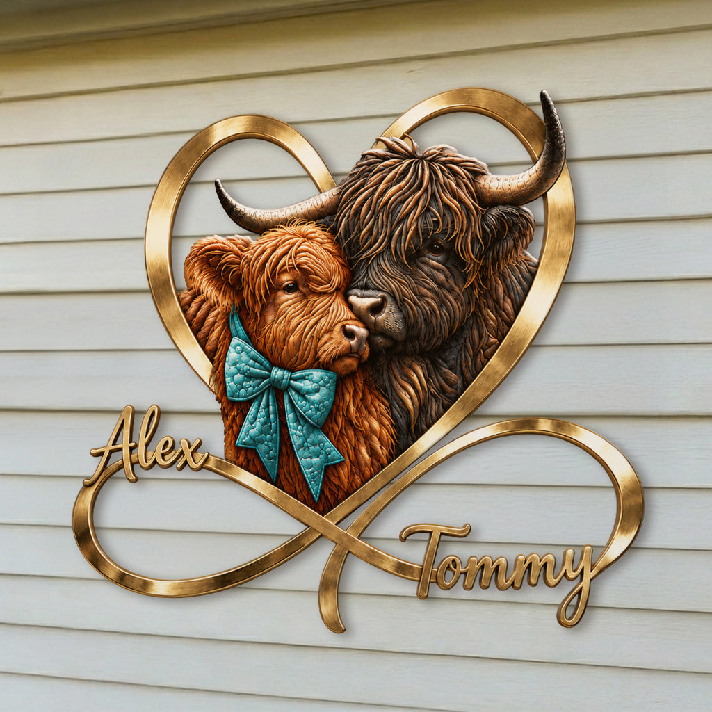 Love You Infinite - Personalized Highland Cow 3D Printed Cut Metal Sign