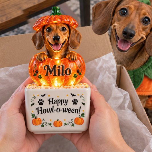 Cute Pet Halloween Decor - Personalized Dog LED Light Ceramic Pot