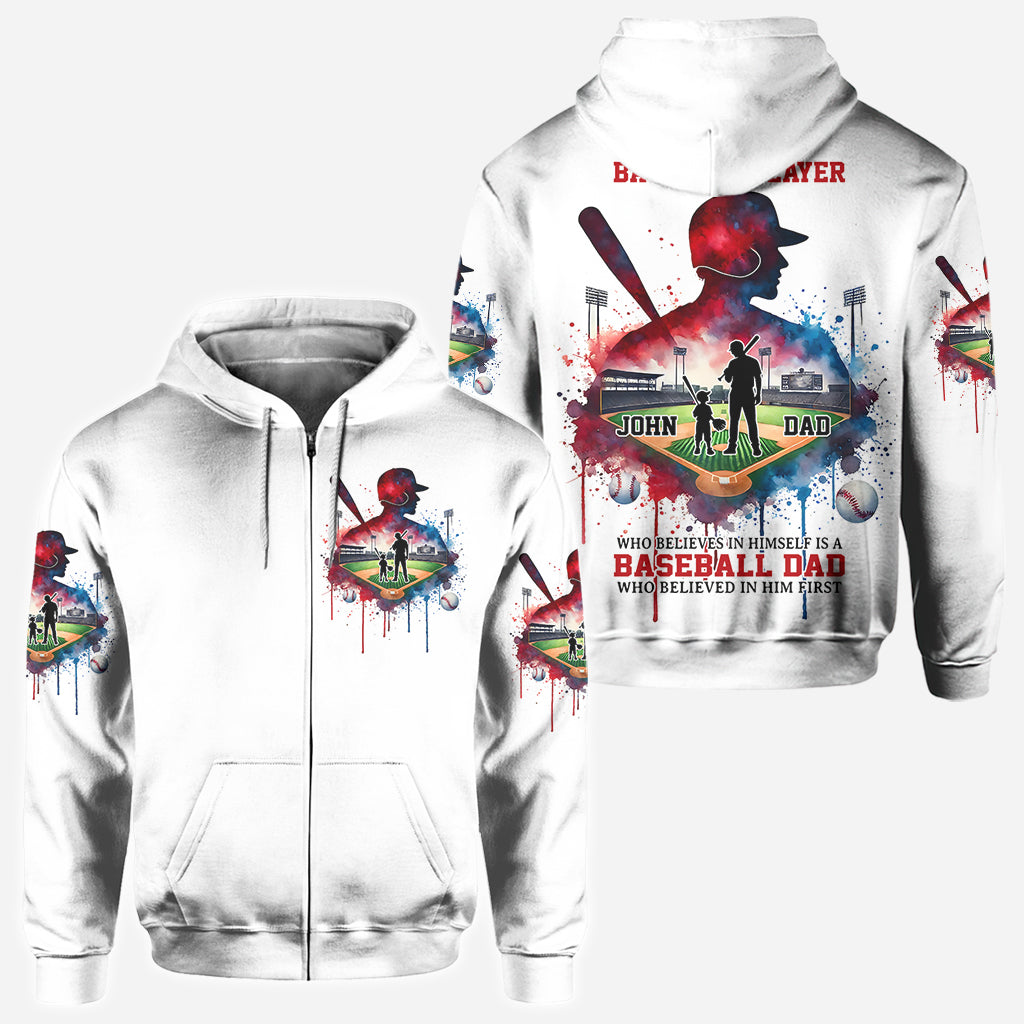 Behind Every Baseball Player Who Believes In Himself Is A Baseball Mom/ Dad Who Believed In Him First - Personalized Baseball All Over Shirt