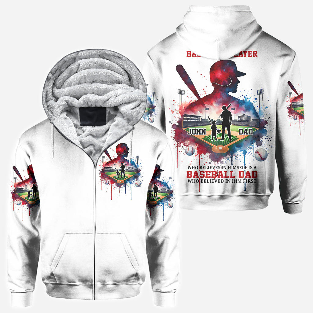 Behind Every Baseball Player Who Believes In Himself Is A Baseball Mom/ Dad Who Believed In Him First - Personalized Baseball All Over Shirt