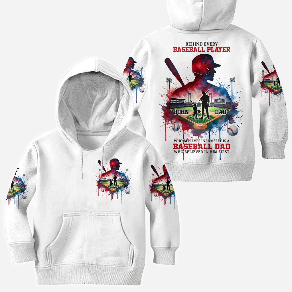 Behind Every Baseball Player Who Believes In Himself Is A Baseball Mom/ Dad Who Believed In Him First - Personalized Baseball All Over Shirt