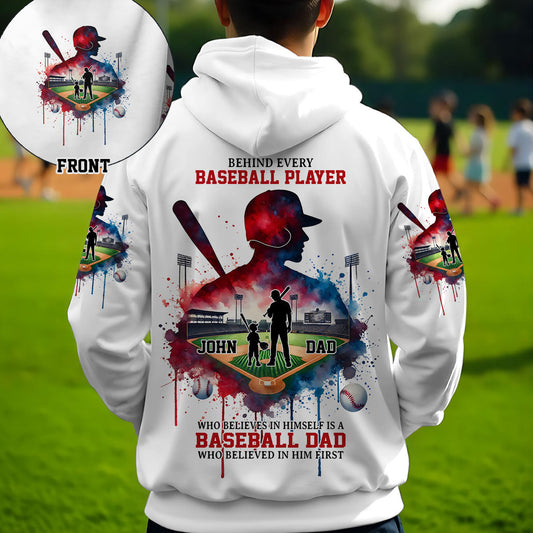 Behind Every Baseball Player Who Believes In Himself Is A Baseball Mom/ Dad Who Believed In Him First - Personalized Baseball All Over Shirt