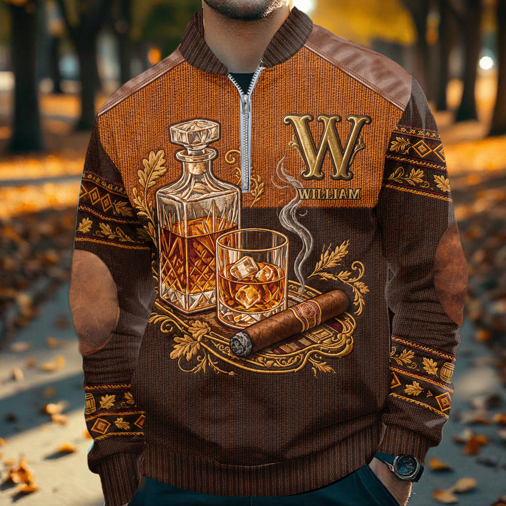 Whiskey And Cigar - Personalized Whisky Men Zip-Up Sweatshirt