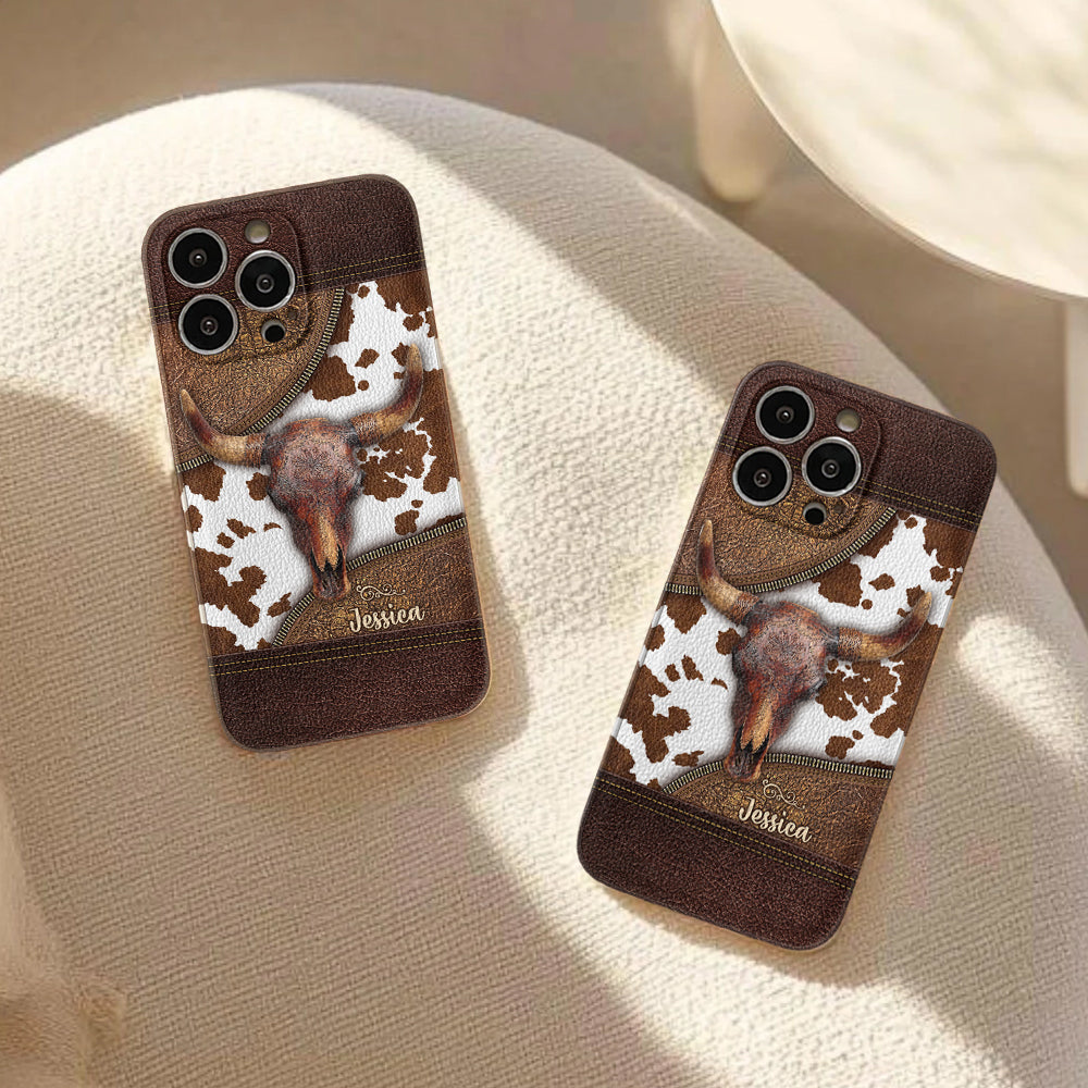 Skeleton Bull Skull - Personalized Western Leather Phone Case
