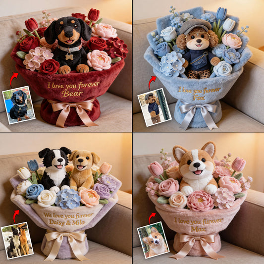 Stuffed Puppy & Flower - Personalized Dog Faux Fur Shaped Pillow