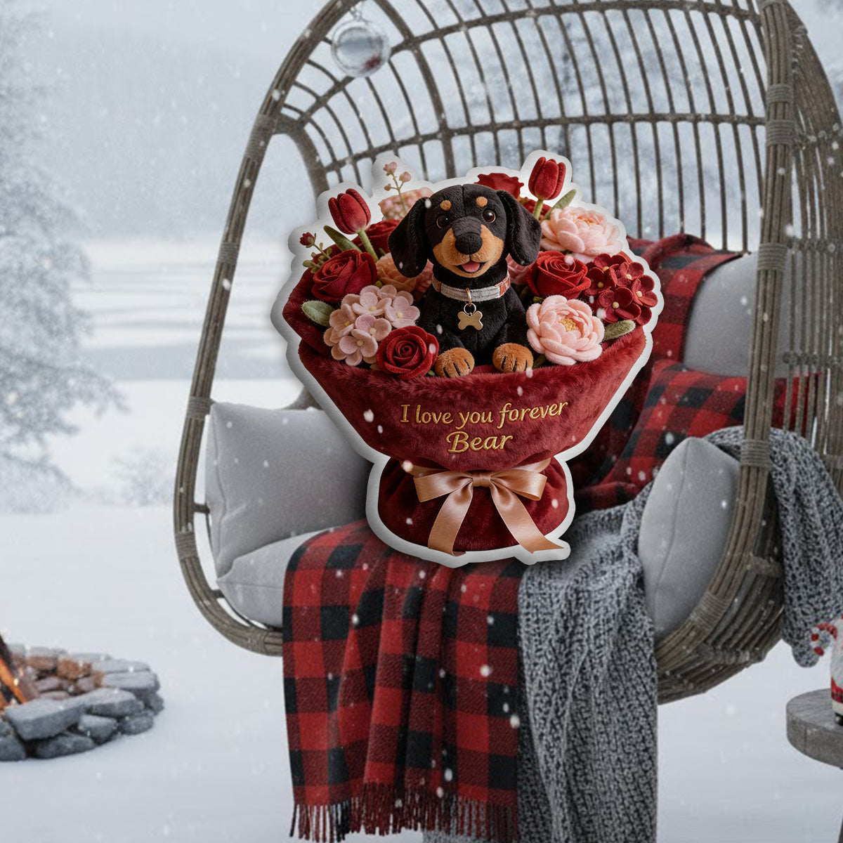 Stuffed Puppy & Flower - Personalized Dog Faux Fur Shaped Pillow