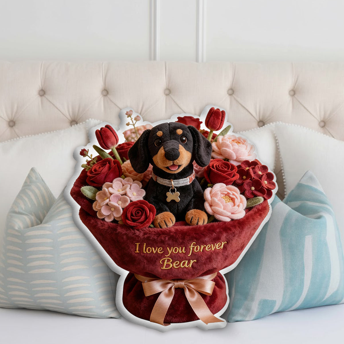 Stuffed Puppy & Flower - Personalized Dog Faux Fur Shaped Pillow