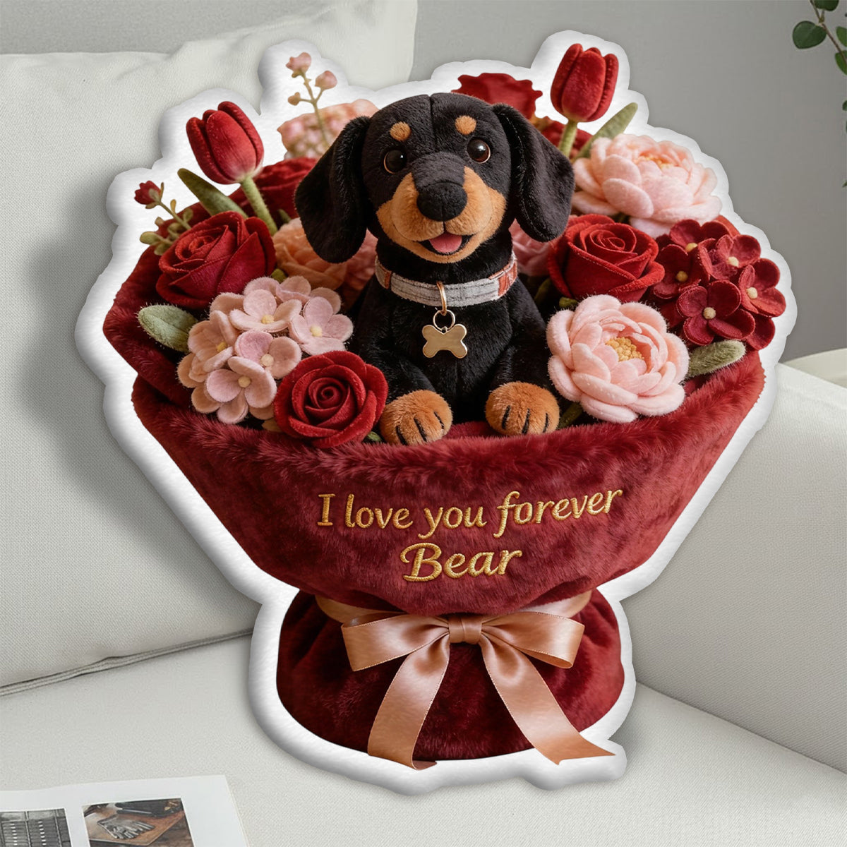 Stuffed Puppy & Flower - Personalized Dog Faux Fur Shaped Pillow