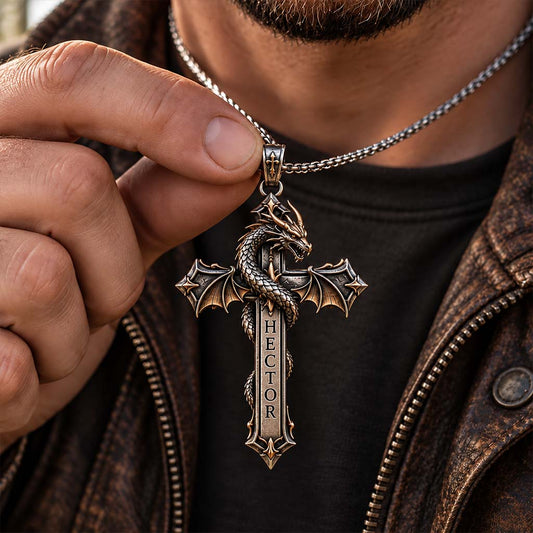Faith & Fire — Dragon Cross Necklace - Personalized Dragon Shaped Metal Pendant Necklace