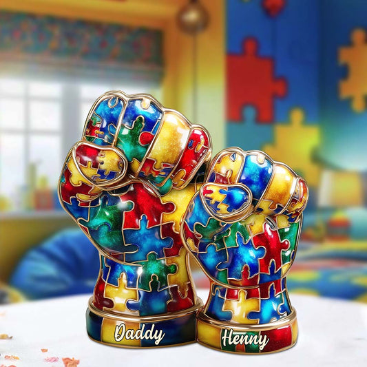 Autism Hand Dad And Kid - Personalized Autism Awareness Custom Shaped Acrylic Plaque