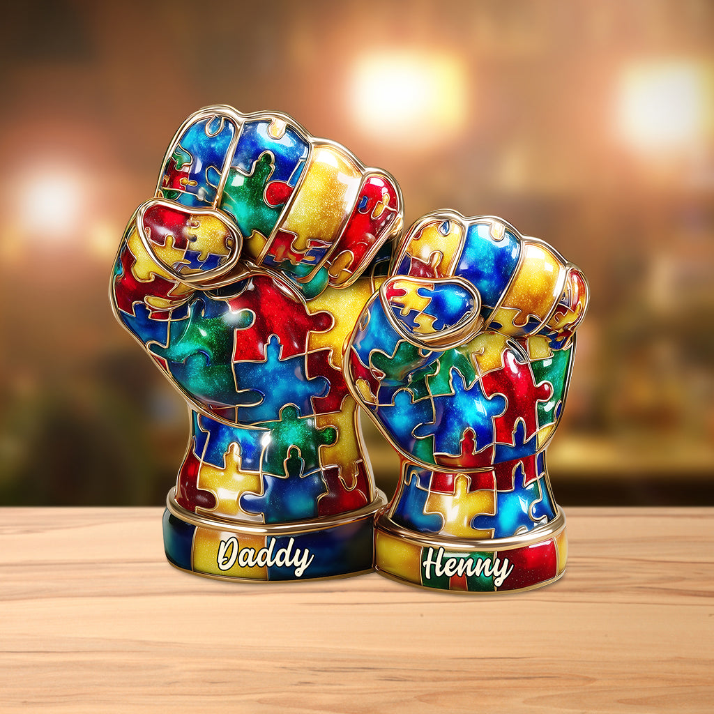 Autism Hand Dad And Kid - Personalized Autism Awareness Custom Shaped Acrylic Plaque