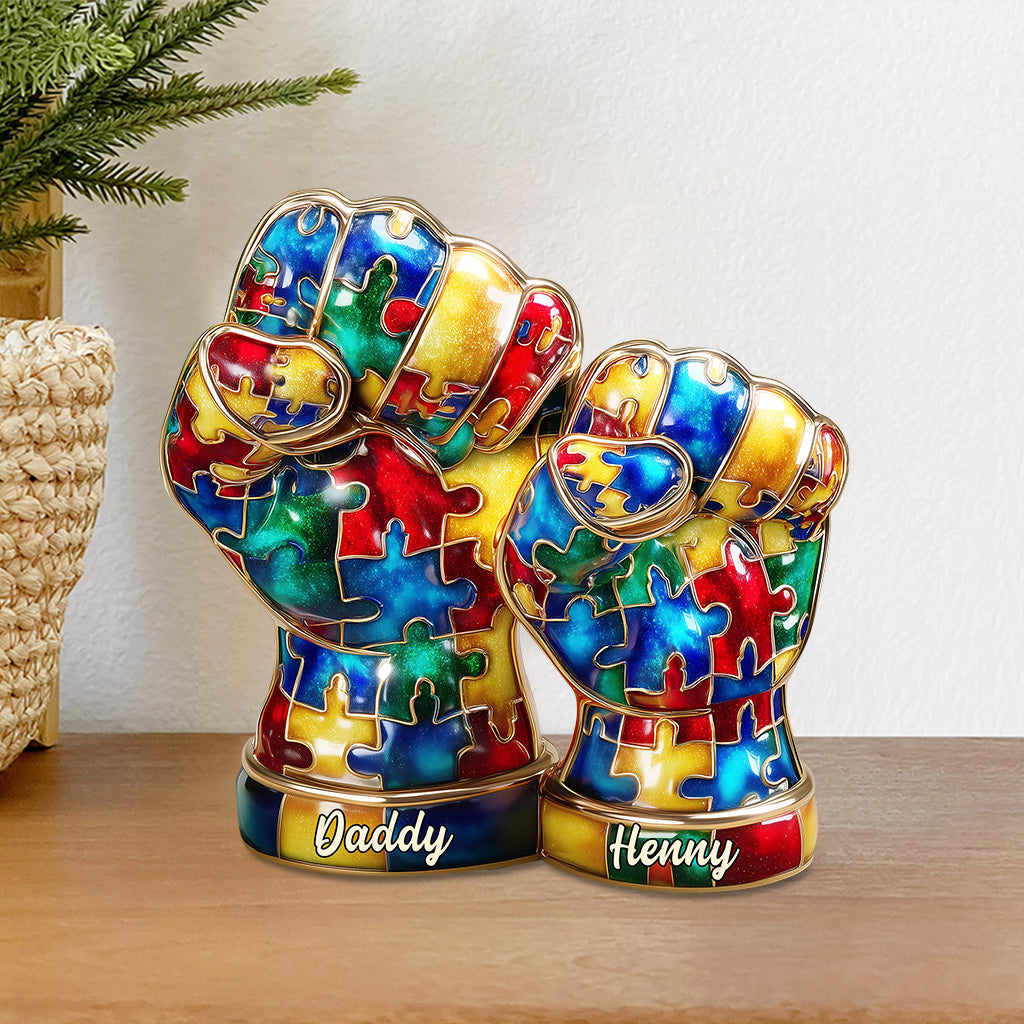 Autism Hand Dad And Kid - Personalized Autism Awareness Custom Shaped Acrylic Plaque