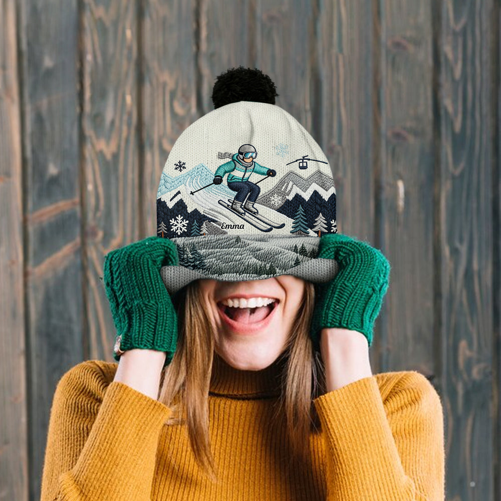 Skiing Makes Me Happy - Personalized Skiing Beanie Hat