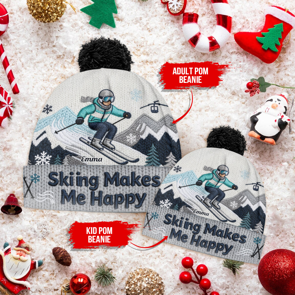Skiing Makes Me Happy - Personalized Skiing Beanie Hat