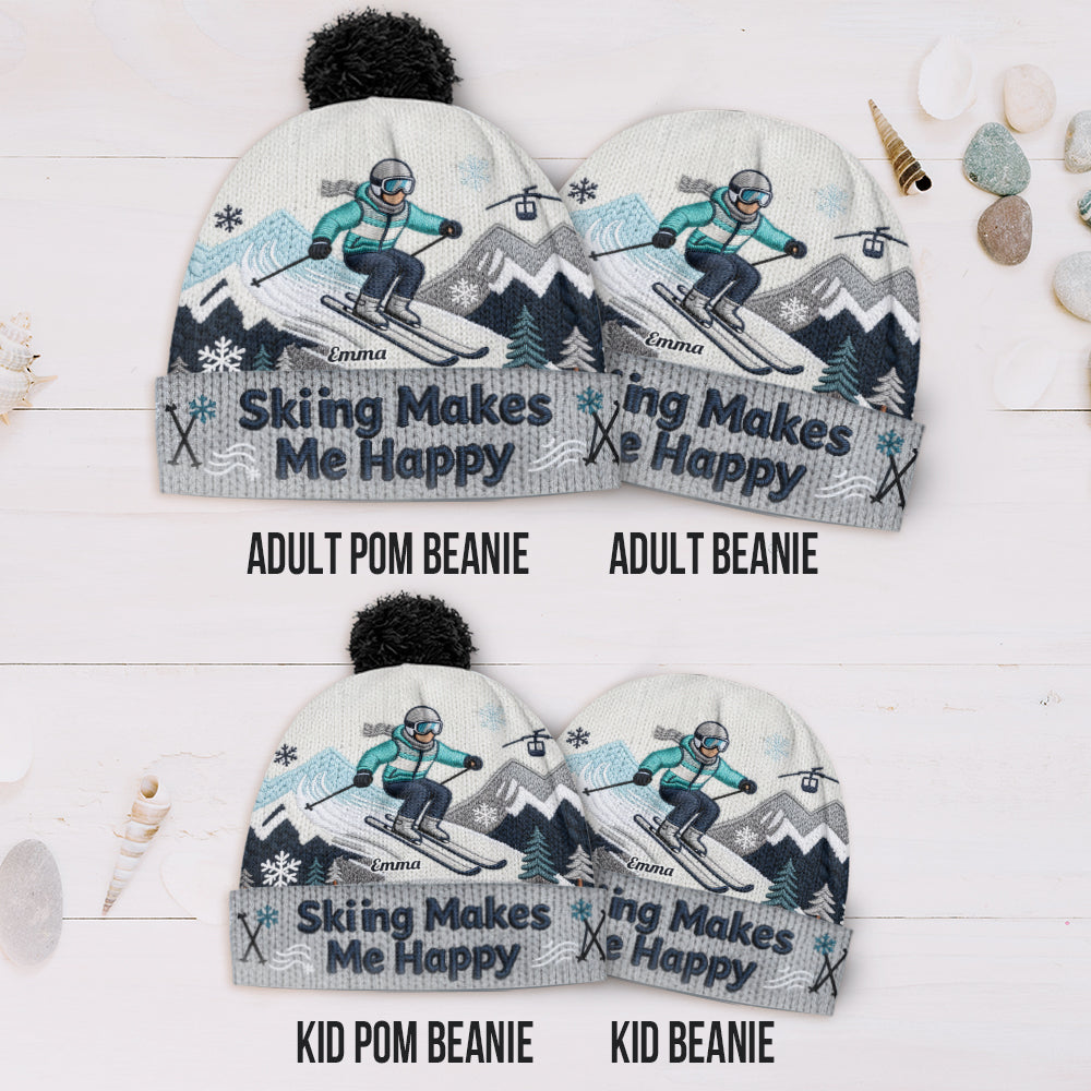 Skiing Makes Me Happy - Personalized Skiing Beanie Hat