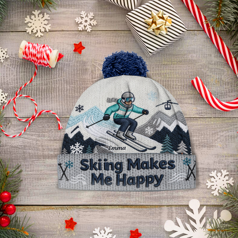 Skiing Makes Me Happy - Personalized Skiing Beanie Hat