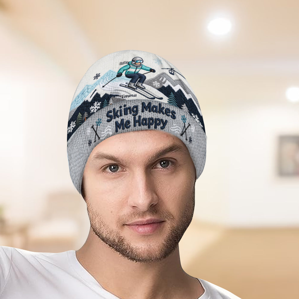 Skiing Makes Me Happy - Personalized Skiing Beanie Hat