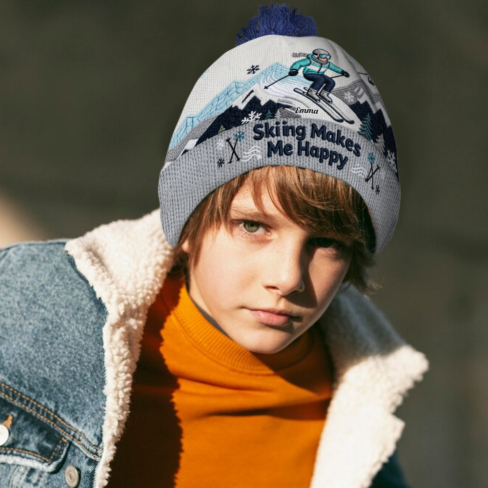 Skiing Makes Me Happy - Personalized Skiing Beanie Hat