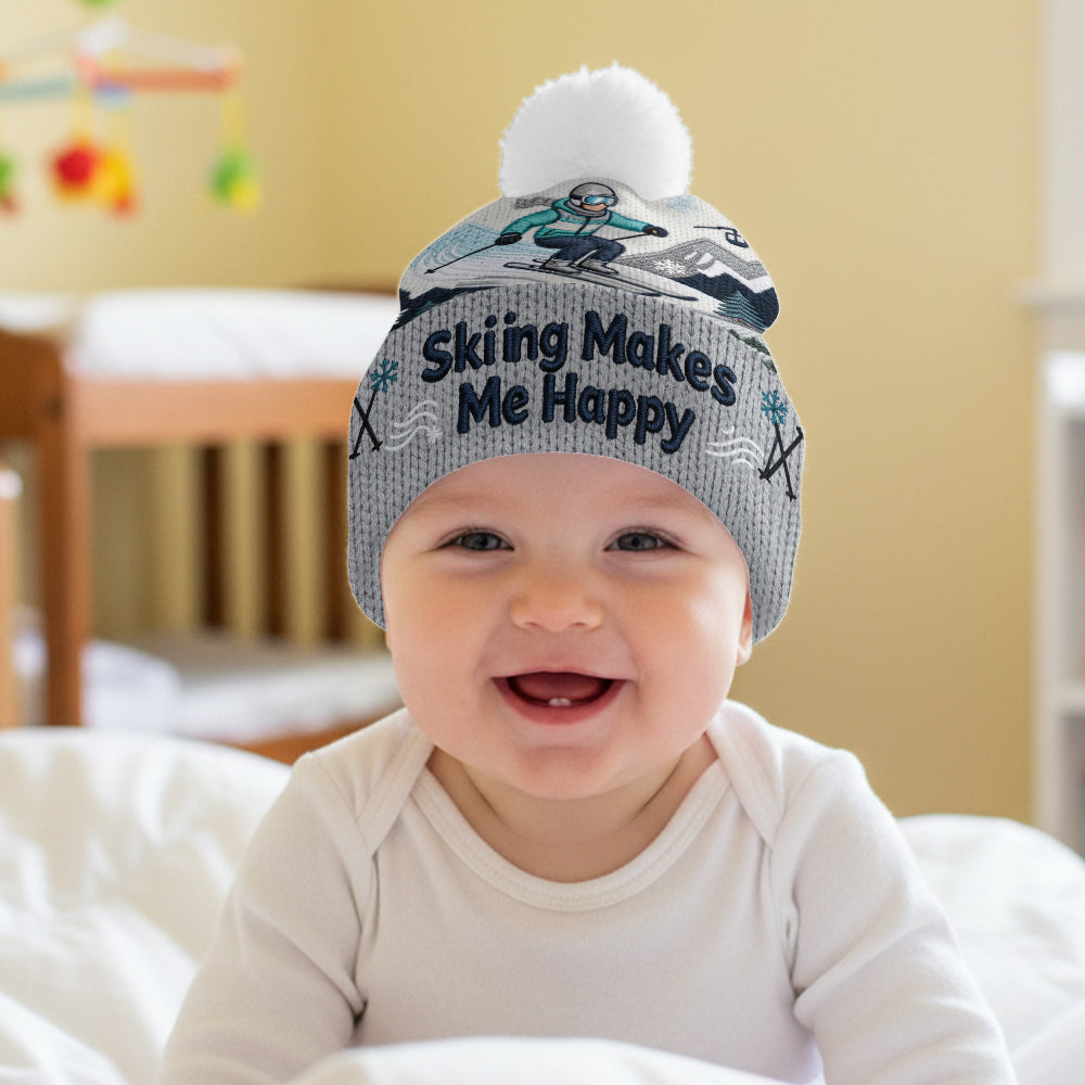 Skiing Makes Me Happy - Personalized Skiing Beanie Hat