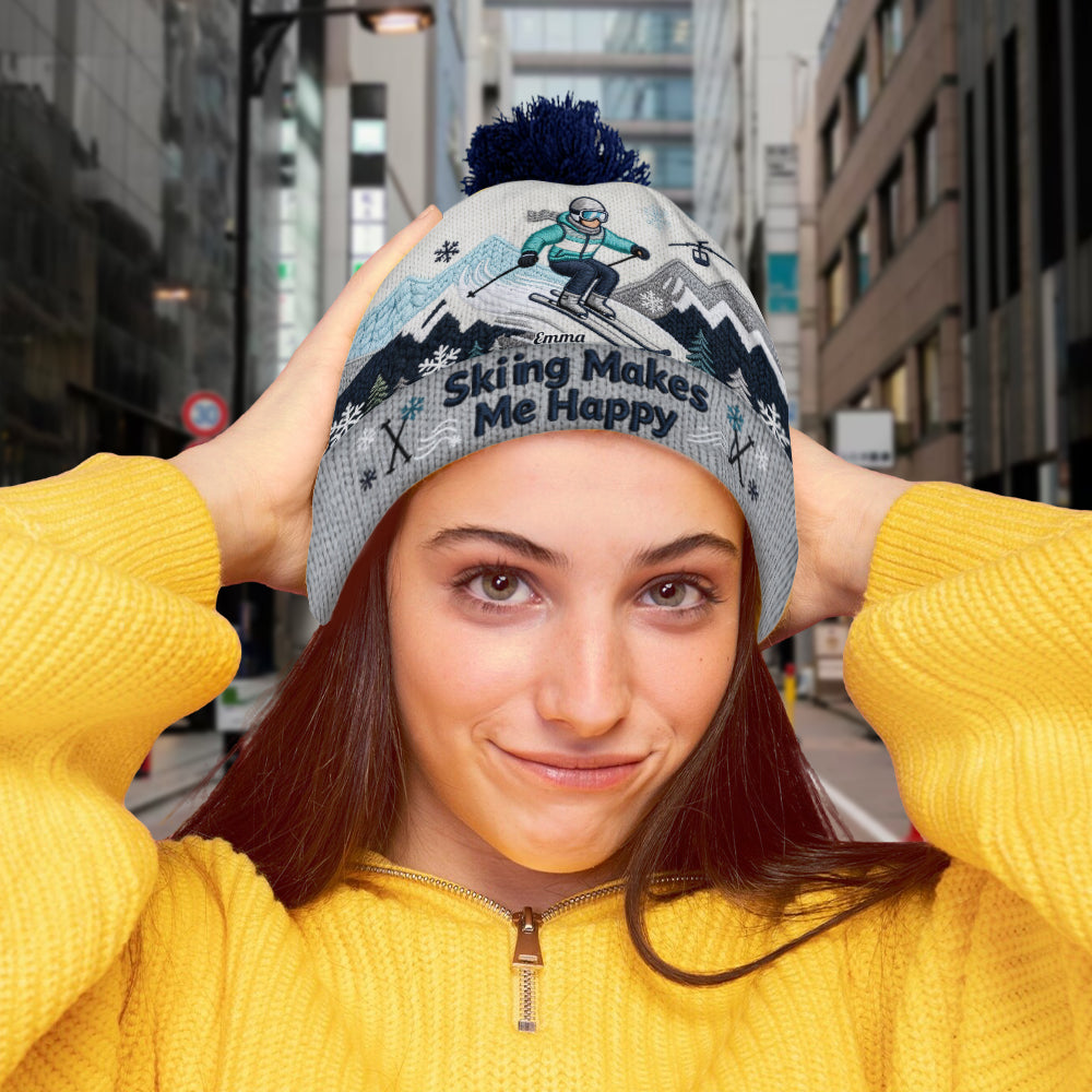 Skiing Makes Me Happy - Personalized Skiing Beanie Hat