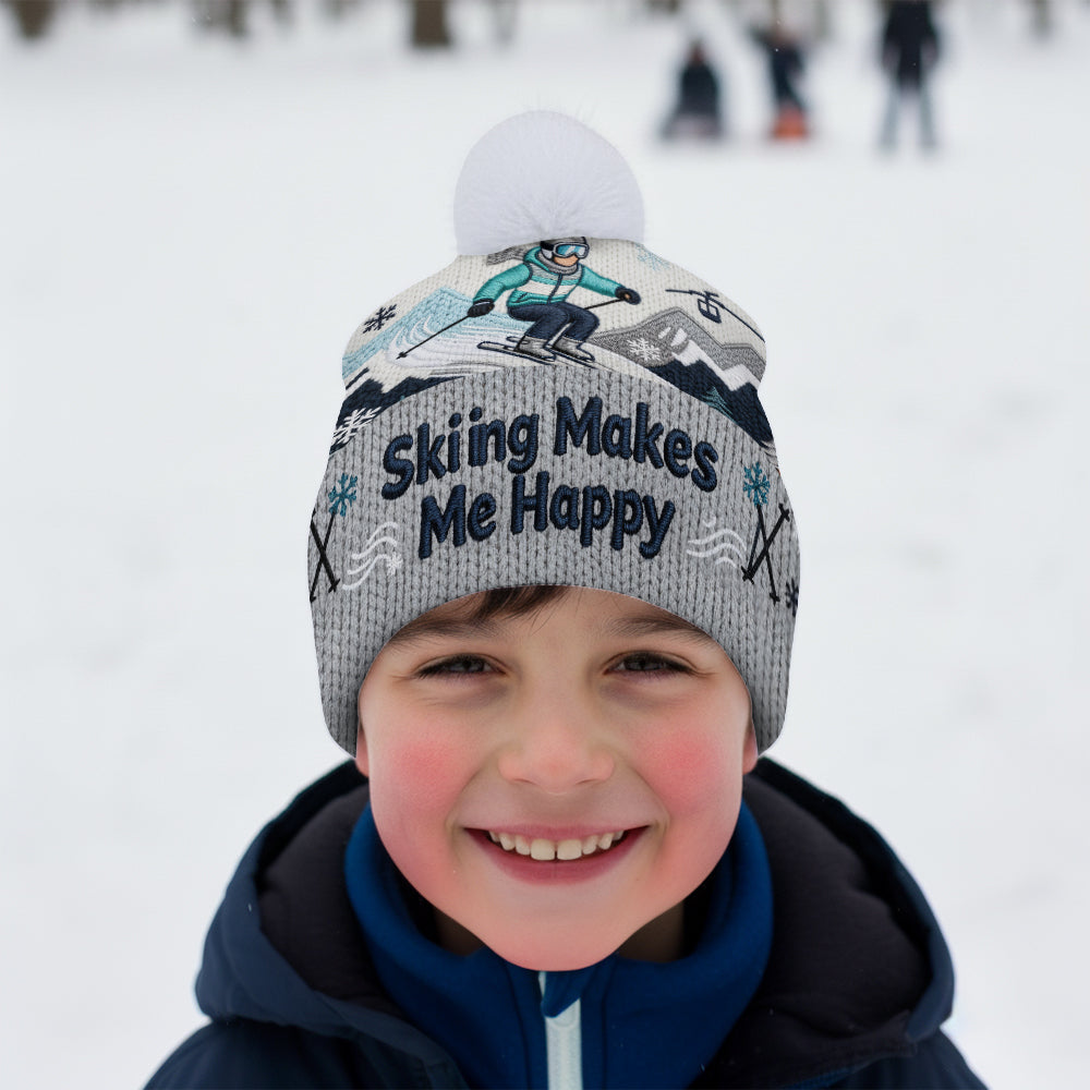 Skiing Makes Me Happy - Personalized Skiing Beanie Hat