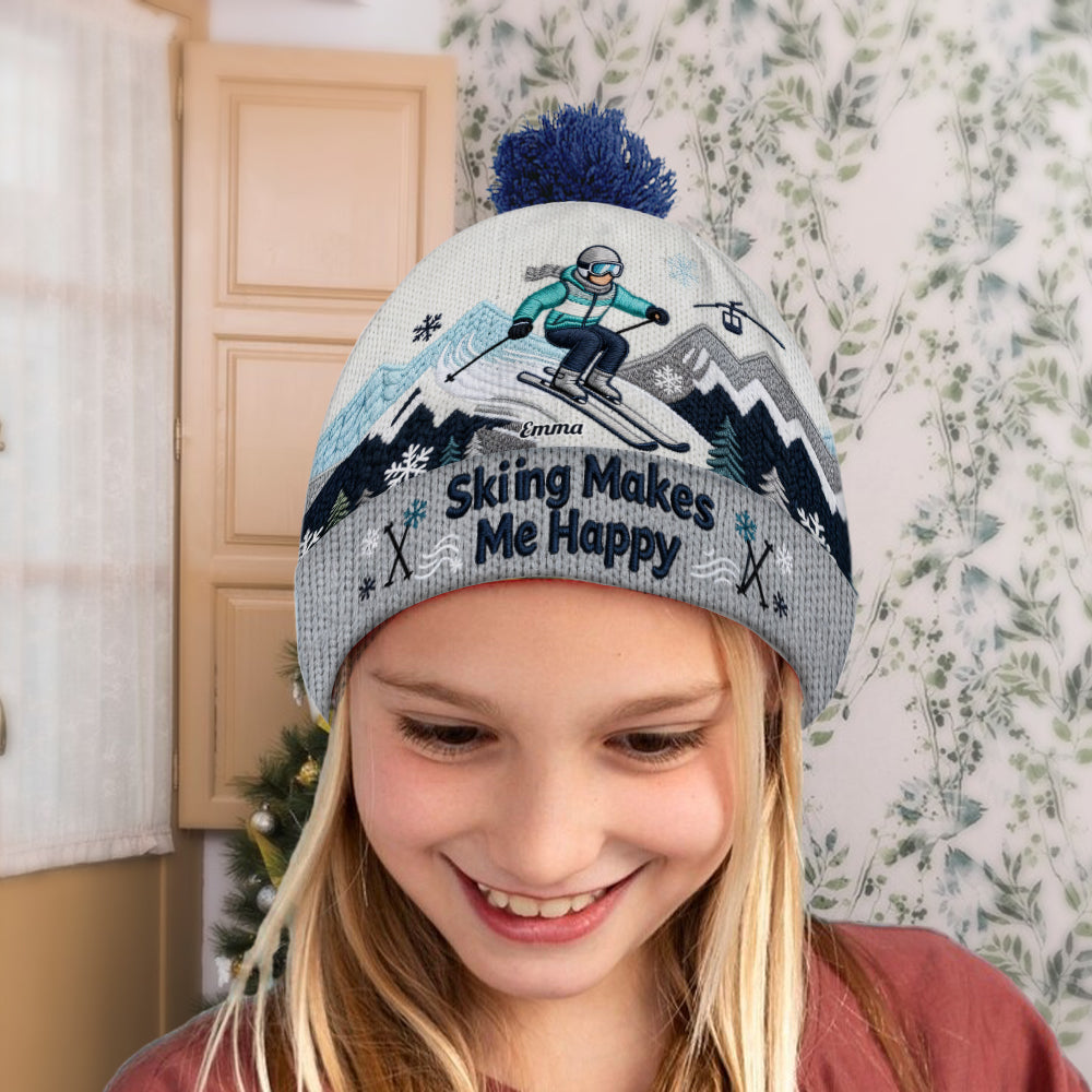 Skiing Makes Me Happy - Personalized Skiing Beanie Hat