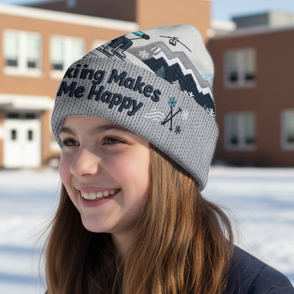 Skiing Makes Me Happy - Personalized Skiing Beanie Hat