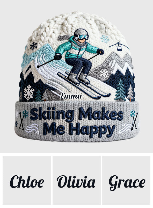 Skiing Makes Me Happy - Personalized Skiing Beanie Hat