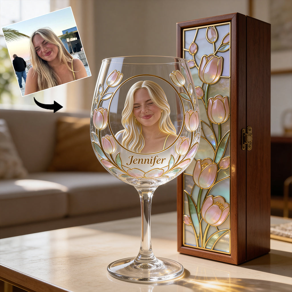 Custom Any Photo Birth Month Flower - Personalized Self Love Wine Glasses Set With Wooden Box
