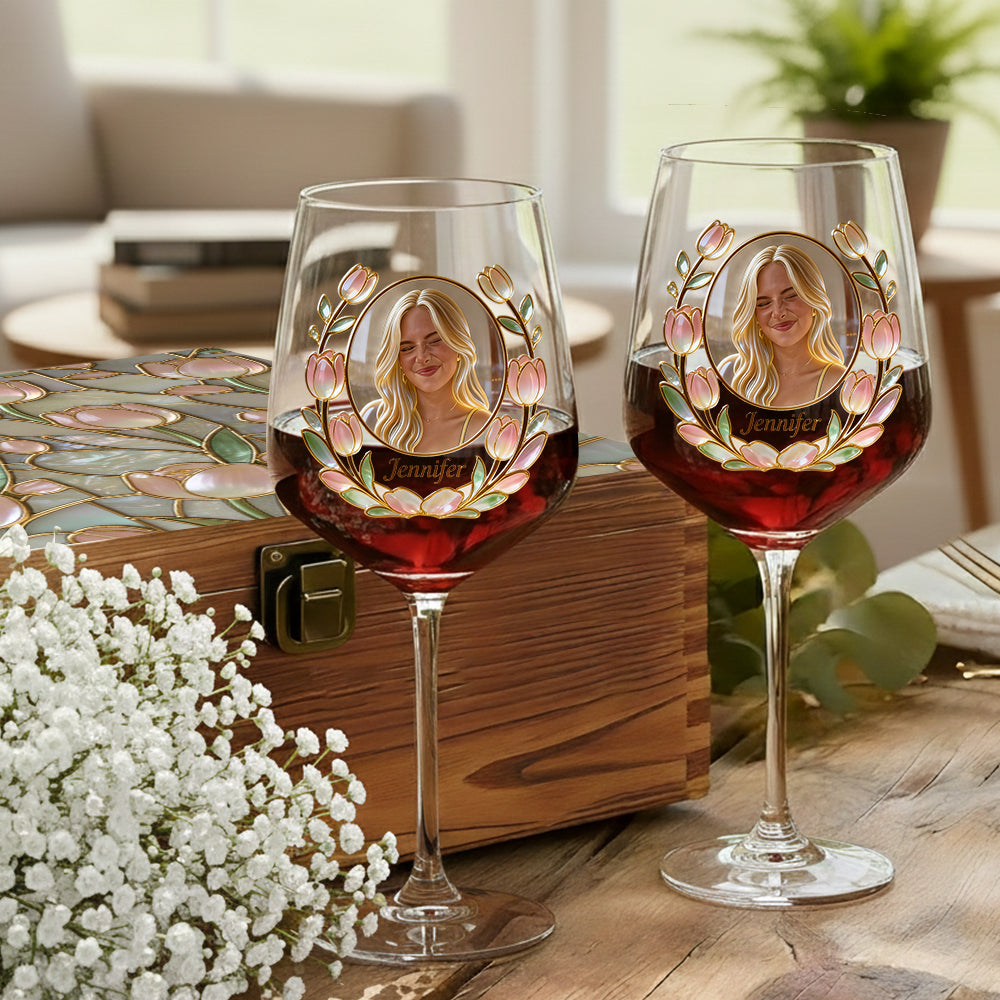 Custom Any Photo Birth Month Flower - Personalized Self Love Wine Glasses Set With Wooden Box