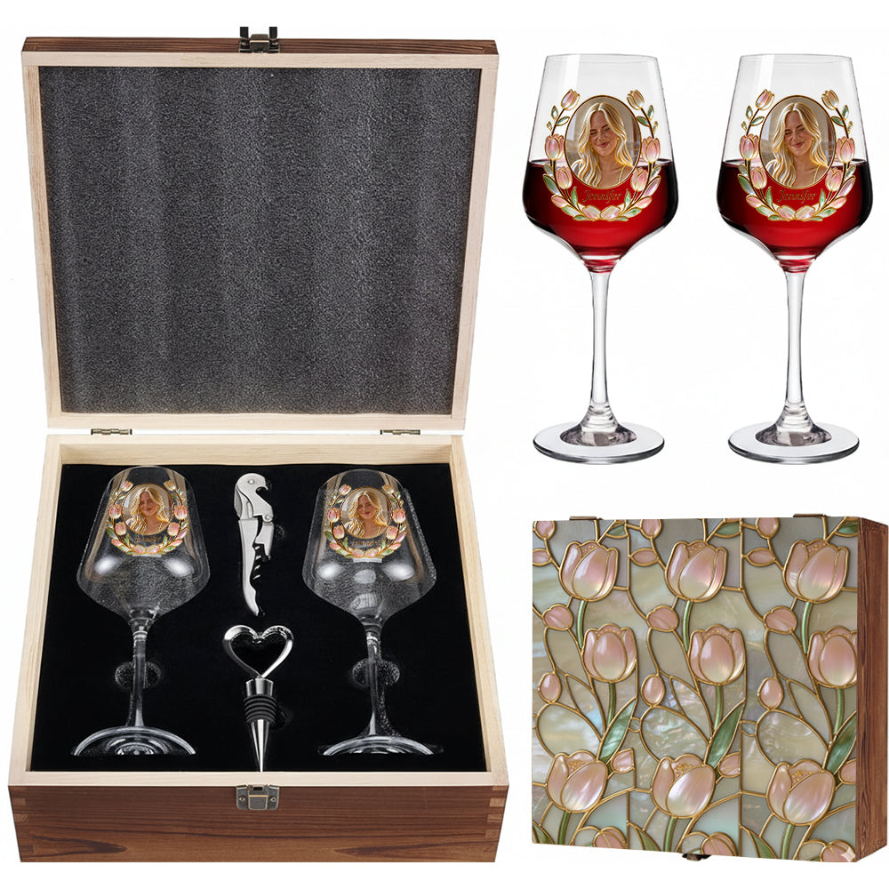 Custom Any Photo Birth Month Flower - Personalized Self Love Wine Glasses Set With Wooden Box