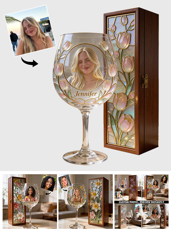 Custom Any Photo Birth Month Flower - Personalized Self Love Wine Glasses Set With Wooden Box