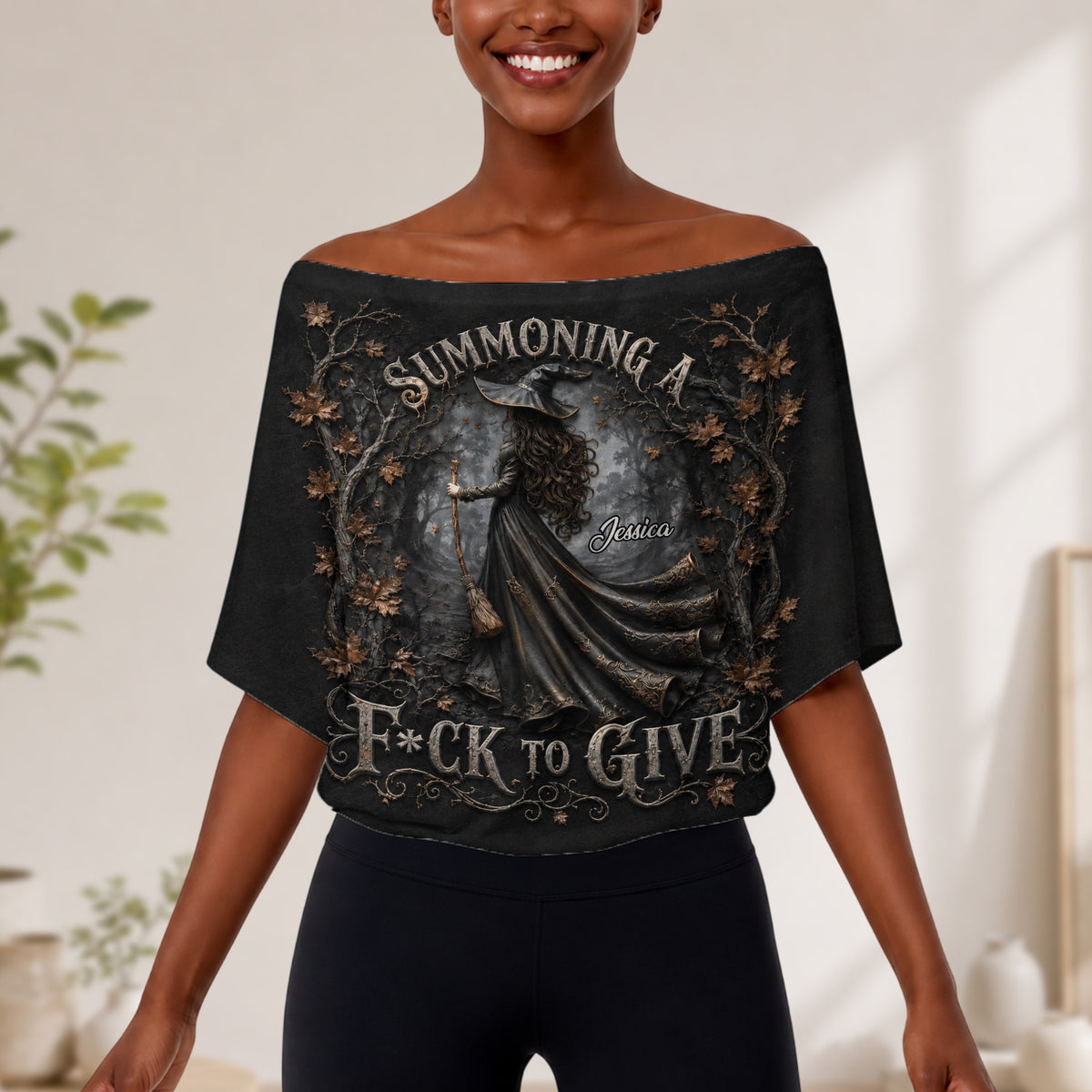 Summoning A Fck To Give - Personalized Witch Off-Shoulder Top Set