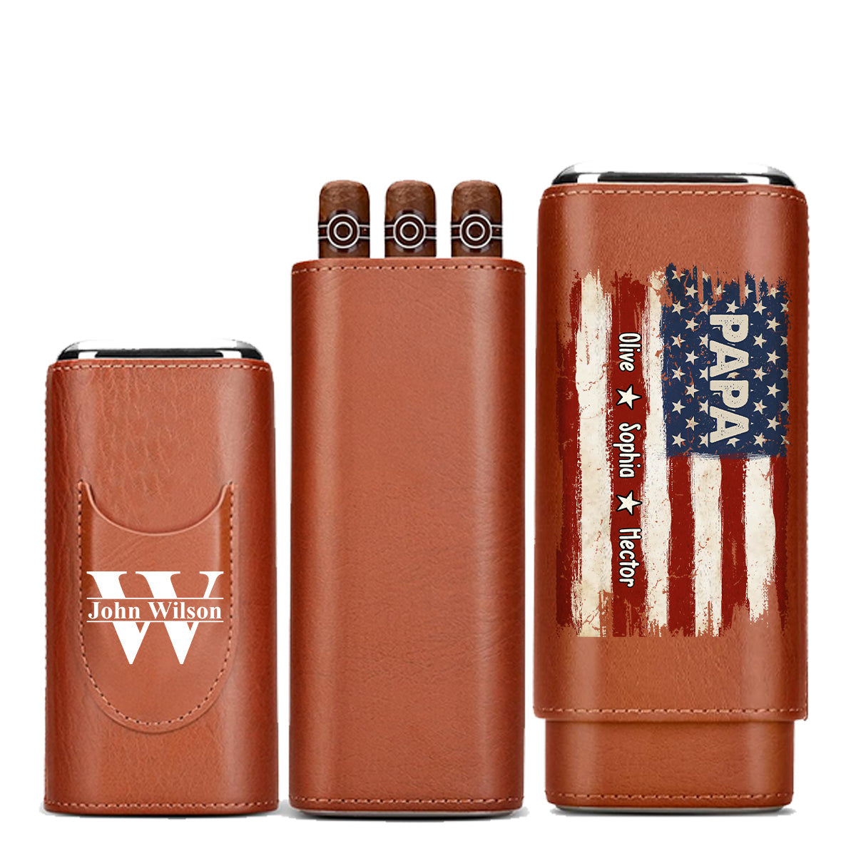Gift For Dad Grandpa - Proud To Be American Papa - Personalized Father Leather Cigar Humidor Case