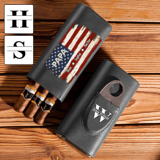 Gift For Dad Grandpa - Proud To Be American Papa - Personalized Father Leather Cigar Humidor Case
