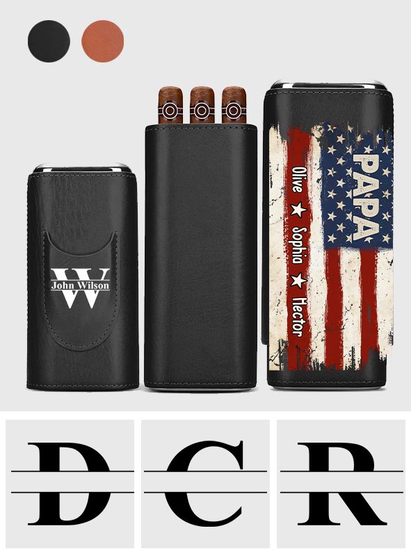 Gift For Dad Grandpa - Proud To Be American Papa - Personalized Father Leather Cigar Humidor Case