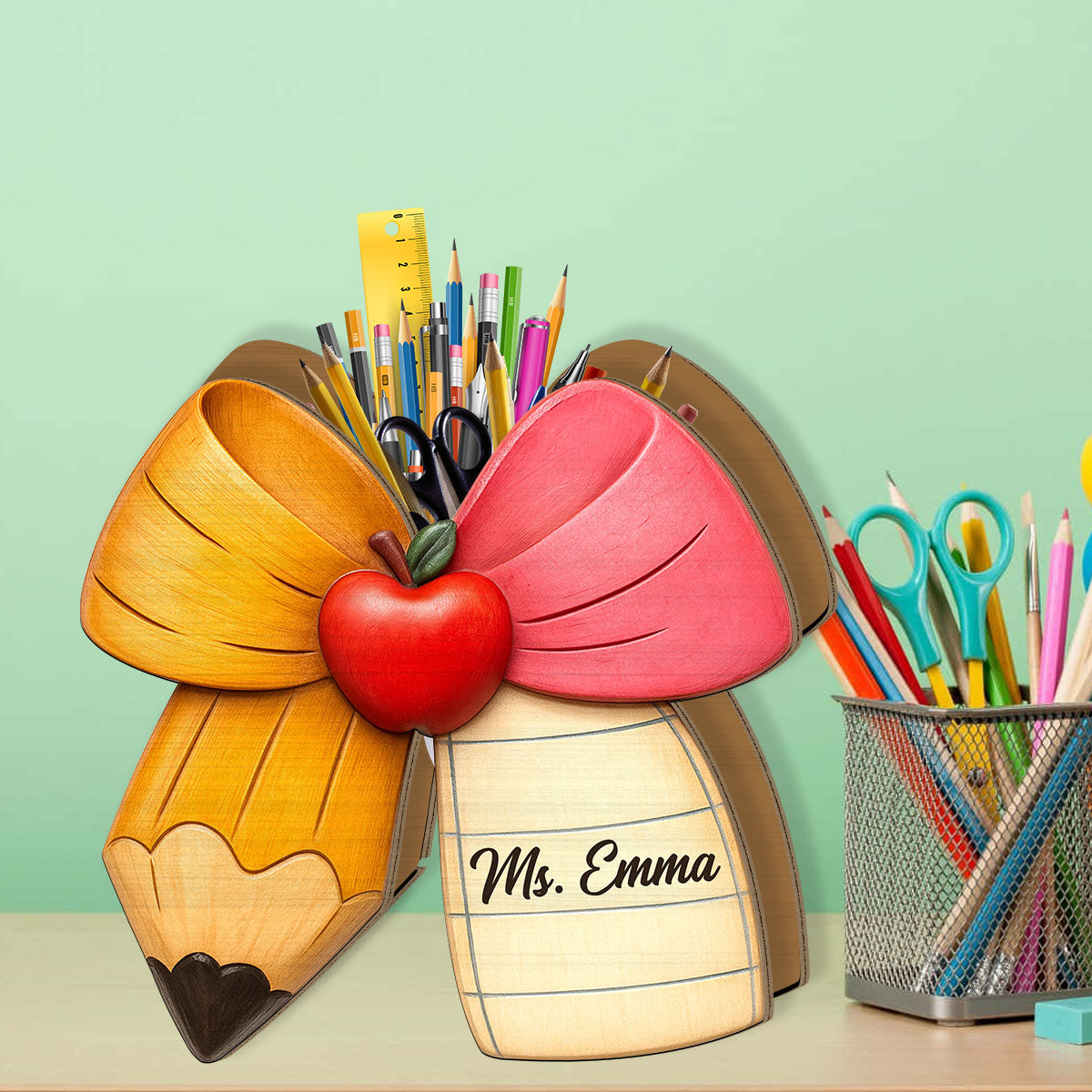 Pencil Paper Bow - Personalized Teacher Wooden Pen Holder