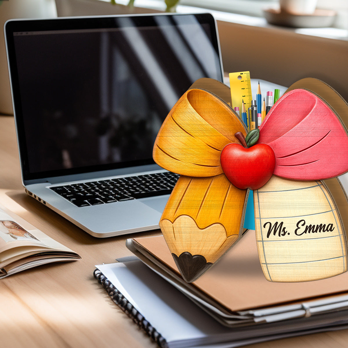 Pencil Paper Bow - Personalized Teacher Wooden Pen Holder