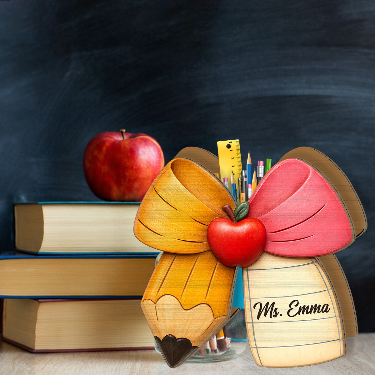 Pencil Paper Bow - Personalized Teacher Wooden Pen Holder