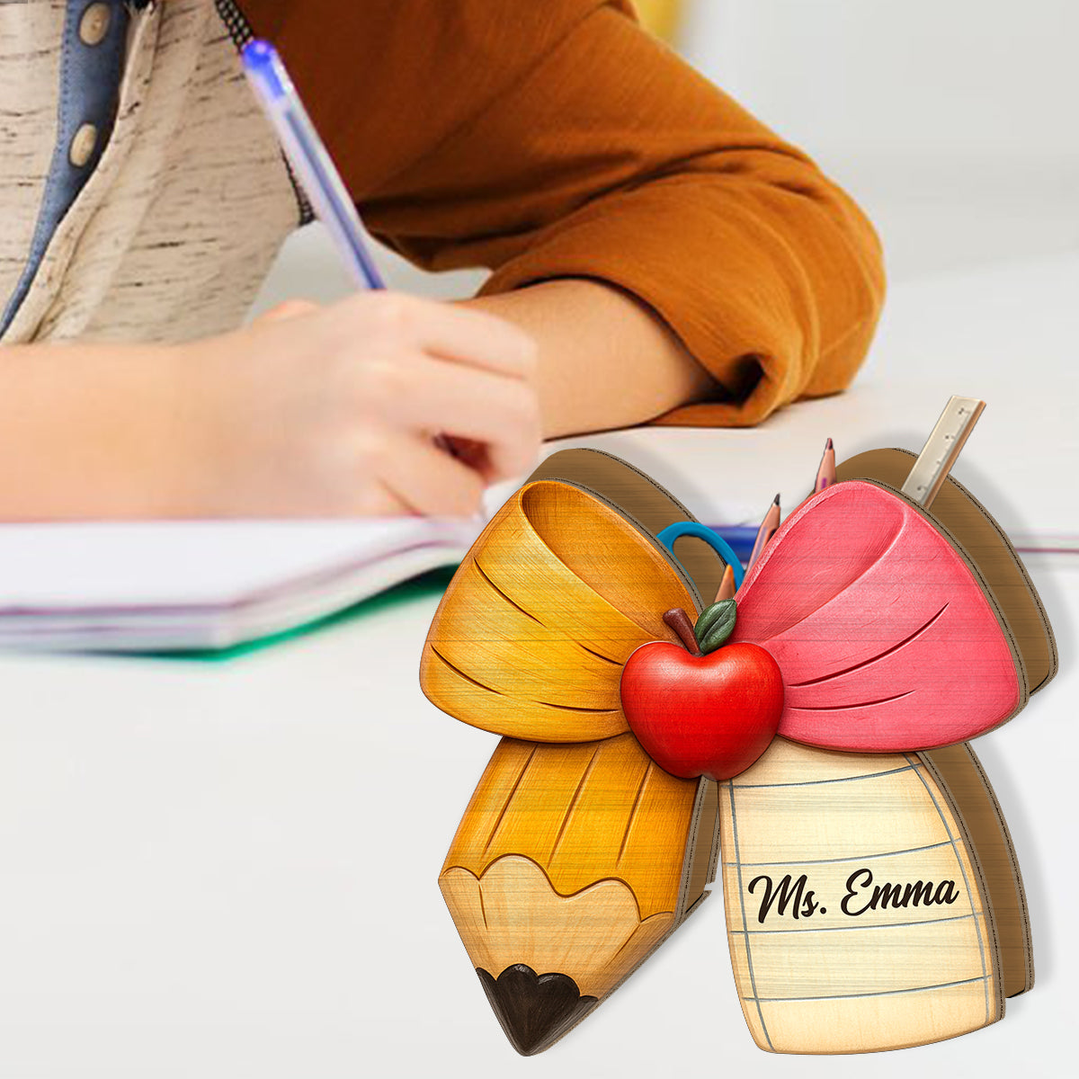 Pencil Paper Bow - Personalized Teacher Wooden Pen Holder