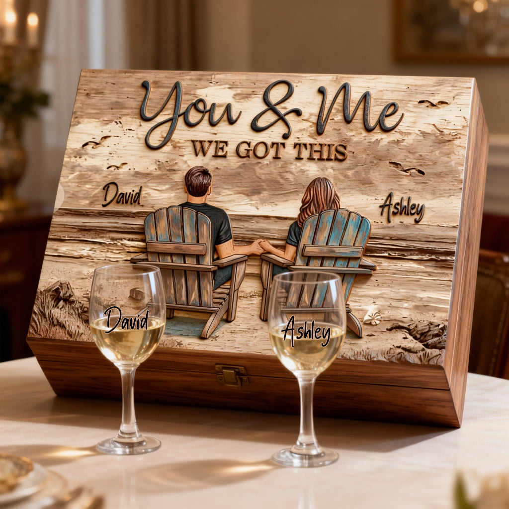 You & Me We Got This - Personalized Couple Wine Glasses Set With Wooden Box