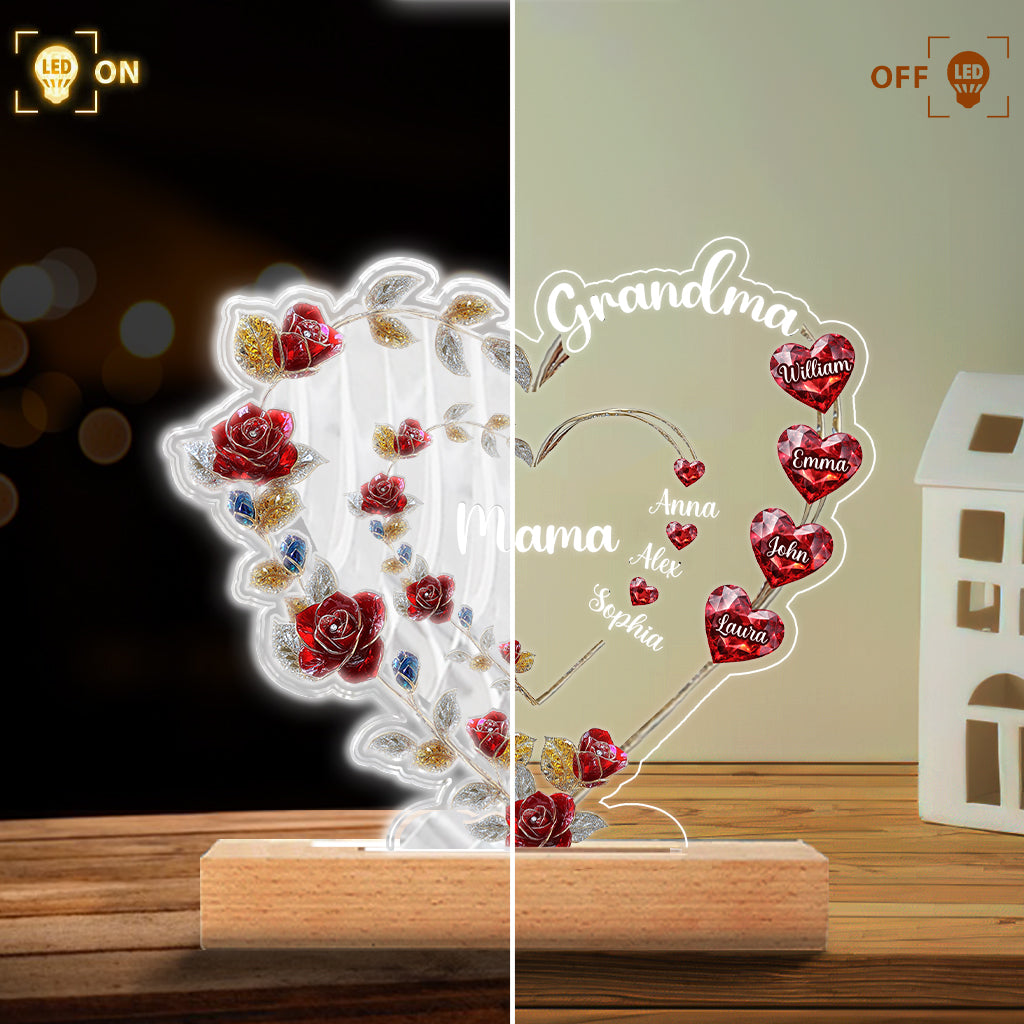 Grandma Mom Floral Heart - Personalized Grandma Shaped Plaque Light Base