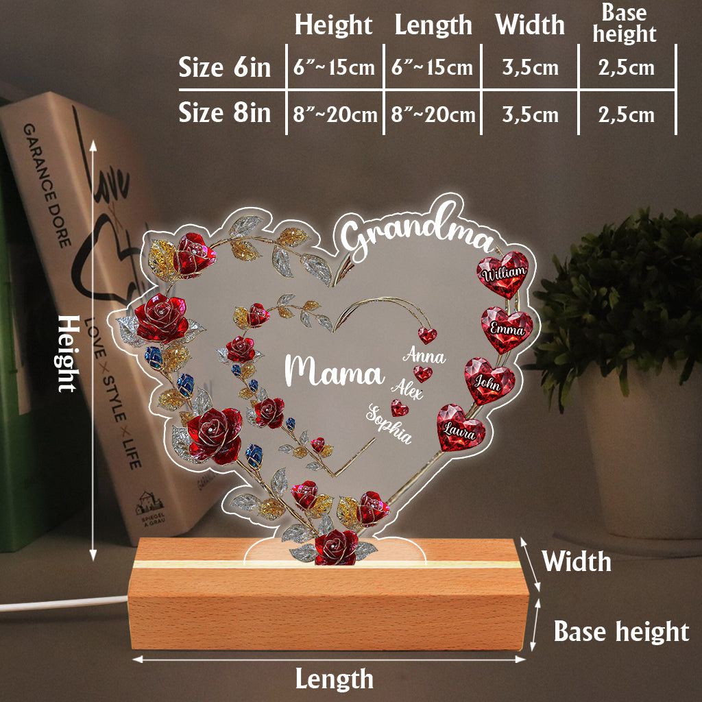 Grandma Mom Floral Heart - Personalized Grandma Shaped Plaque Light Base