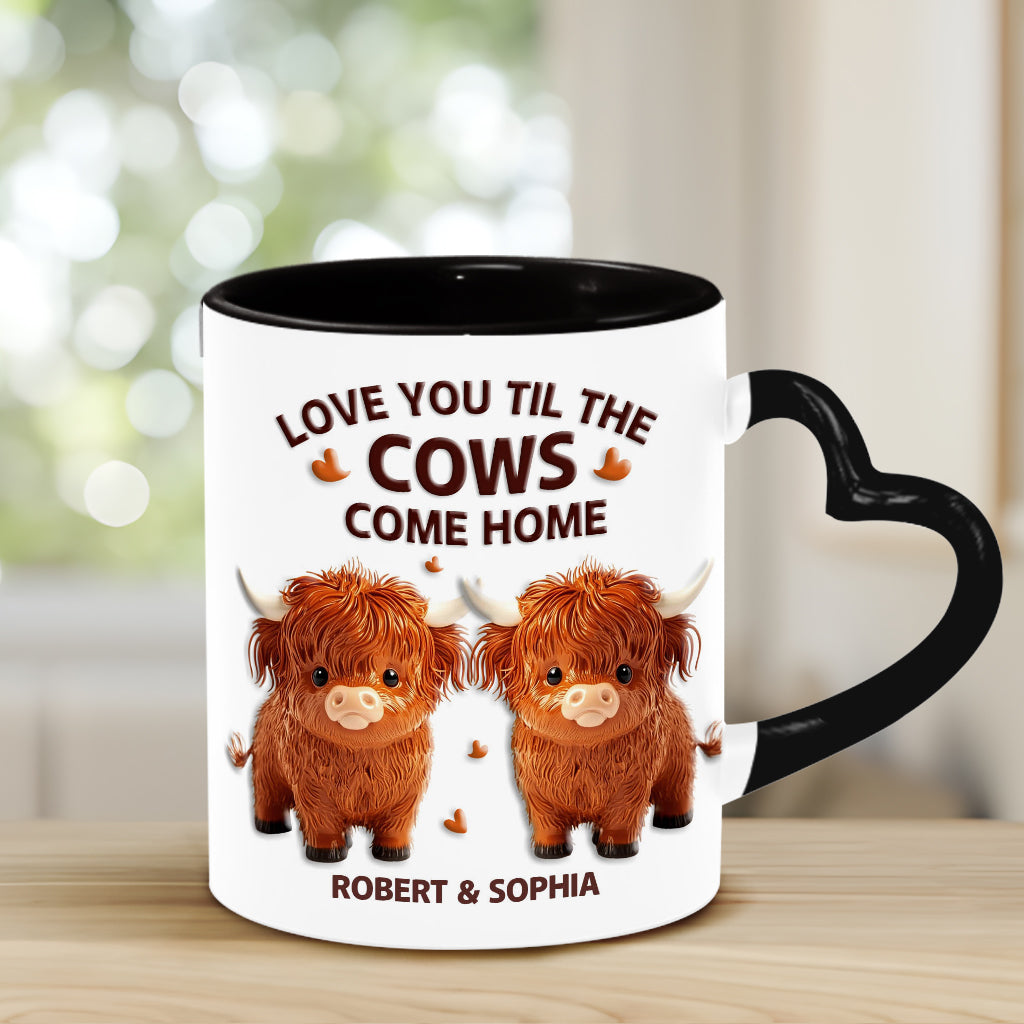 Love You Til The Cows Come Home - Personalized Couple Heart Handle Mug