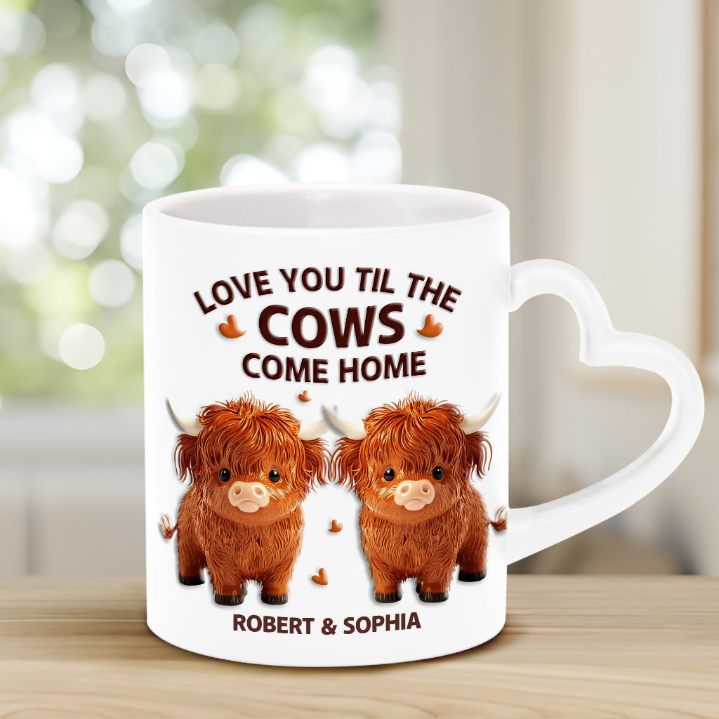 Love You Til The Cows Come Home - Personalized Couple Heart Handle Mug