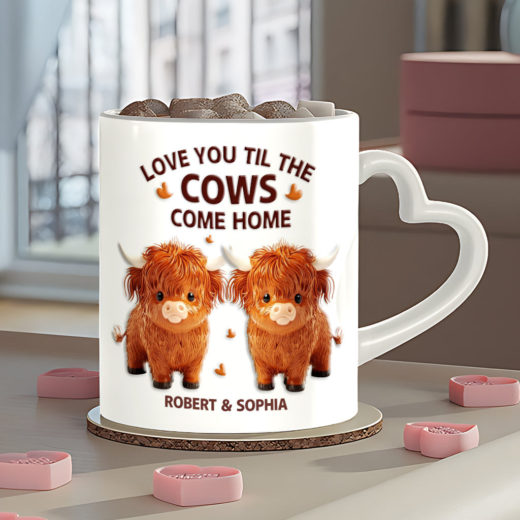 Love You Til The Cows Come Home - Personalized Couple Heart Handle Mug